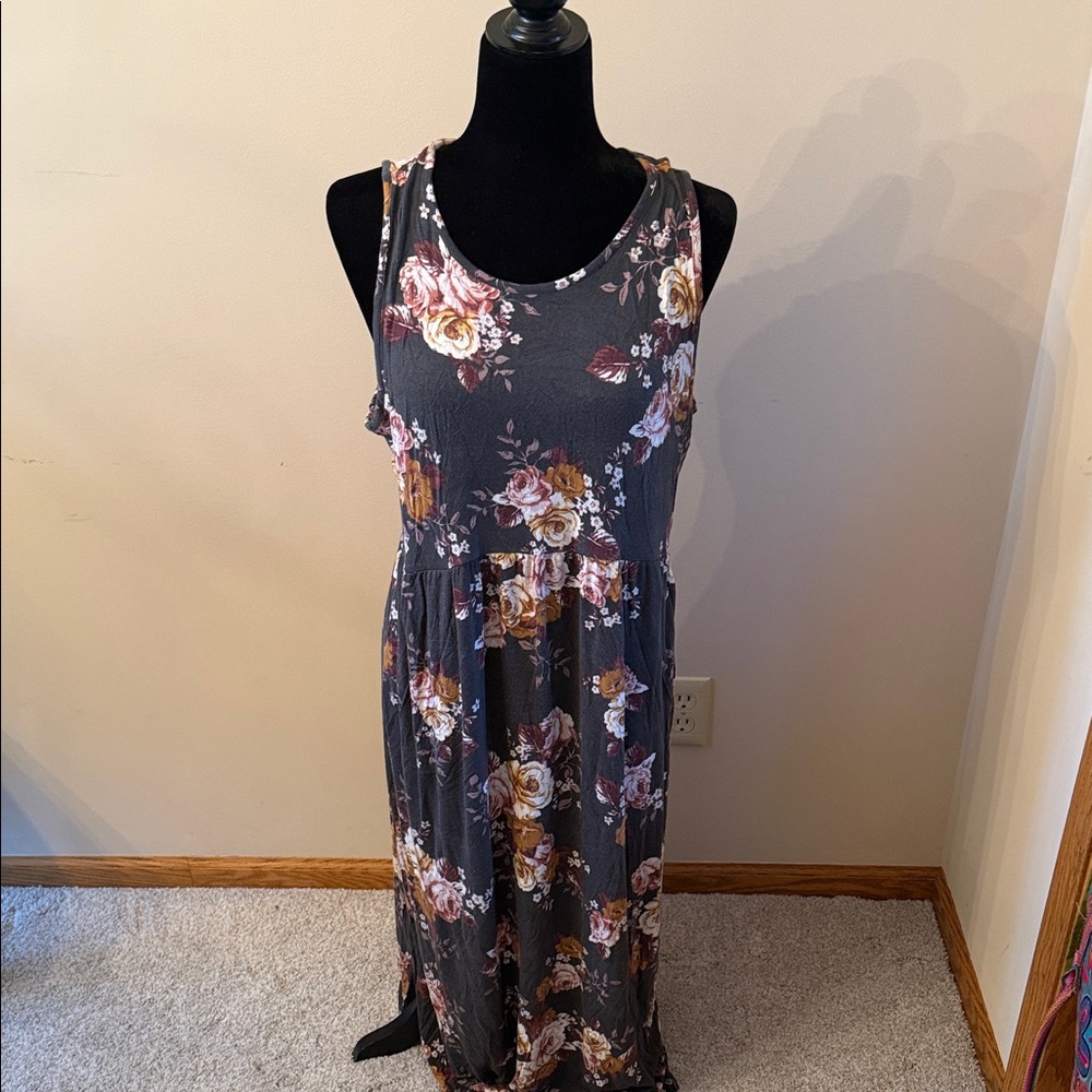 Grey Floral Midi Dress - Sleeveless Casual